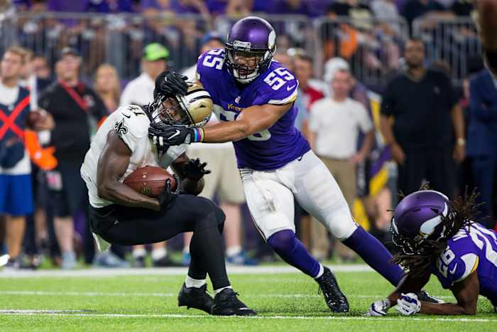 Minnesota Vikings linebacker Anthony Barr (55) tackles New Orleans Saints running back Alvin Kamara (41). Mandatory Credit: Brad Rempel-USA TODAY Sports